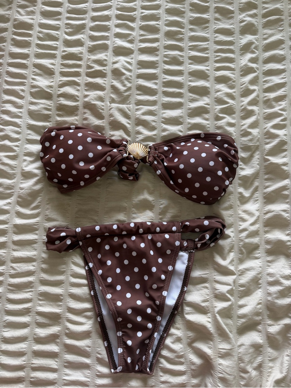Brown Polka Dot Bikini Set with Shell Accent
